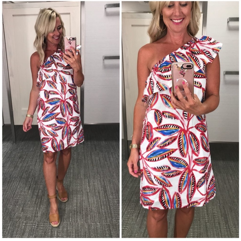J Crew linen Colorful Leaf Print One-Shoulder Dress elastic shoulder - Picture 2 of 9